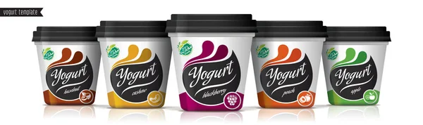 Diseño de empaquetado de vectores de yogur. Conjunto de yogur de frutas y frutos secos . — Archivo Imágenes Vectoriales