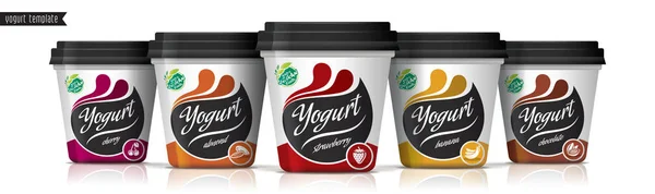 Diseño de empaquetado de vectores de yogur. Conjunto de yogur de frutas y frutos secos . — Archivo Imágenes Vectoriales