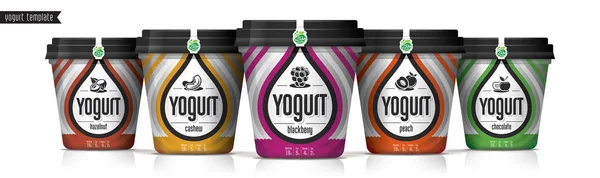 Design av vektorförpackningar för yoghurt. Frukt och nötter yoghurt set. — Stock vektor