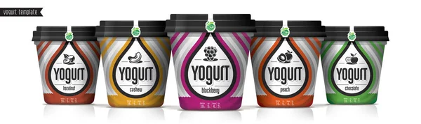 Progettazione di imballaggi vettoriali di yogurt. Set yogurt frutta e noci . — Vettoriale Stock