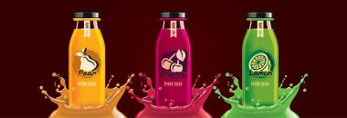 Meyve suyu sıçrama şişesi seti, armut, kiraz, limon çıkartması tasarımı.