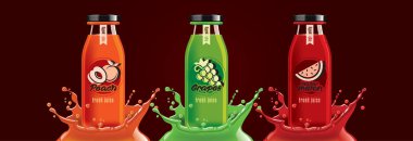 Meyve suyu sıçrama şişesi seti, şeftali, üzüm, karpuz çıkartması tasarımı..