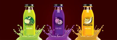 Meyve suyu sıçrama şişesi seti, elma, erik, muz çıkartması tasarımı.