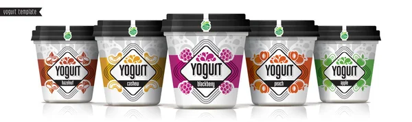 Design de embalagem vetorial de iogurte. Conjunto de iogurte de frutas e nozes . —  Vetores de Stock