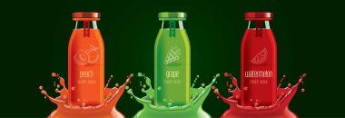 Meyve suyu sıçrama şişesi seti, şeftali, üzüm, karpuz çıkartması tasarımı..