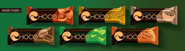 Chocolade bar vector verpakking ontwerp. Noten chocolade set. — Stockvector