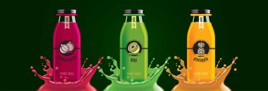 Meyve suyu şişesi seti, nar, kivi, ananas çıkartması tasarımı..