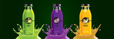 Meyve suyu sıçrama şişesi seti, elma, erik, muz çıkartması tasarımı.