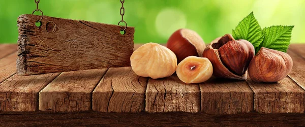 Hazelnuts Wooden Table Nature Background — Stock Photo, Image