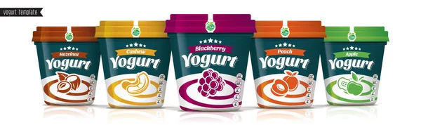 Diseño Empaquetado Vectores Yogur Conjunto Yogur Frutas Frutos Secos — Archivo Imágenes Vectoriales