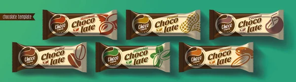 チョコレートバーベクトルパッケージデザイン ナッツチョコレートセット — ストックベクタ