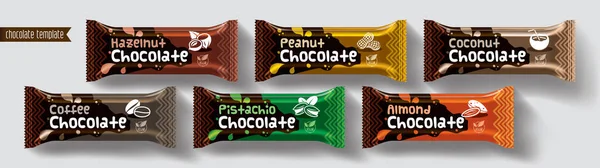 Diseño Envasado Vectores Barra Chocolate Conjunto Chocolate Frutos Secos — Vector de stock