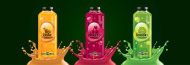 Meyve suyu sıçrama şişesi seti, armut, kiraz, limon çıkartması tasarımı.