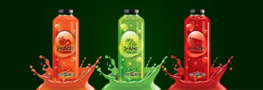 Meyve suyu sıçrama şişesi seti, şeftali, üzüm, karpuz çıkartması tasarımı..