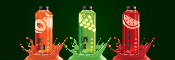 Conjunto Botellas Jugo Fruta Melocotón Uva Diseño Pegatina Sandía — Vector de stock