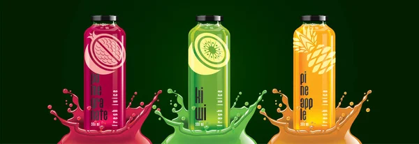 Conjunto Botellas Salpicadura Jugo Fruta Granada Kiwi Diseño Pegatina Piña — Vector de stock