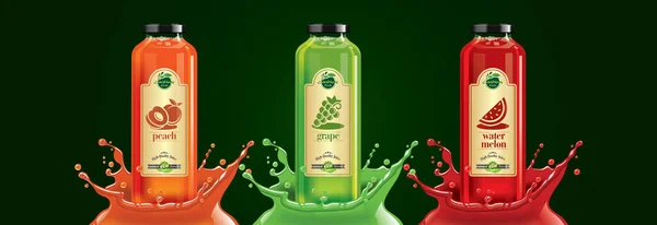 Fruktjuice Stänk Flaska Set Persika Druva Vattenmelon Klistermärke Design — Stock vektor