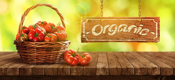 Freshly Tomatoes Basket Wooden Table — Stock Photo, Image