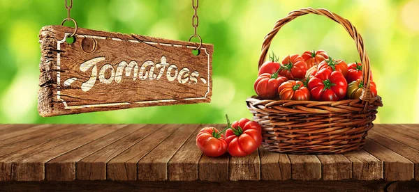 Pomodori Freschi Cesto Tavolo Legno — Foto Stock
