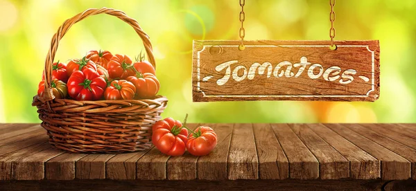 Freshly Tomatoes Basket Wooden Table — Stock Photo, Image