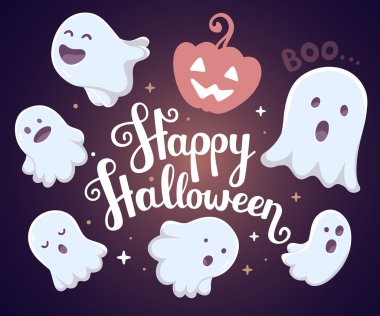 E hayaletlerle uçan birçok beyaz Cadılar Bayramı illüstrasyon vektör