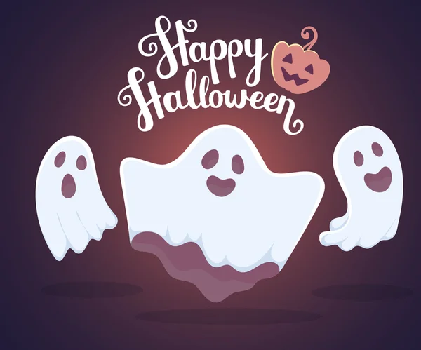 Vector halloween illustration of white flying three ghosts with — Stock Vector