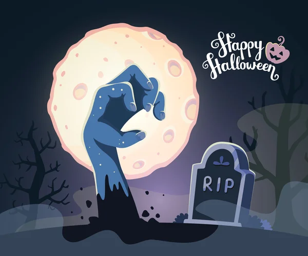 Vector halloween ilustración de zombi mano en un cementerio con — Vector de stock