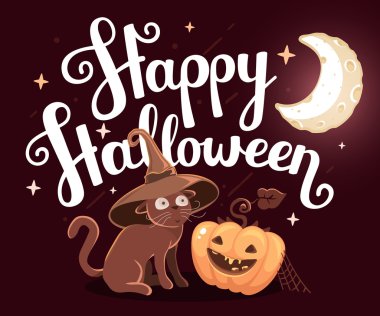 Turuncu kabak ile Vektör halloween illüstrasyon, cadı kedi 