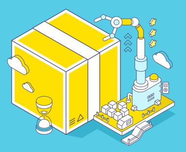 Sarı bir kutu, kum saati ve üç dimensio vektör çizim