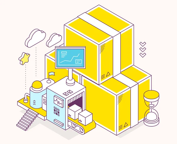 Vector illustration of yellow box, hourglass and three dimension — Stock vektor