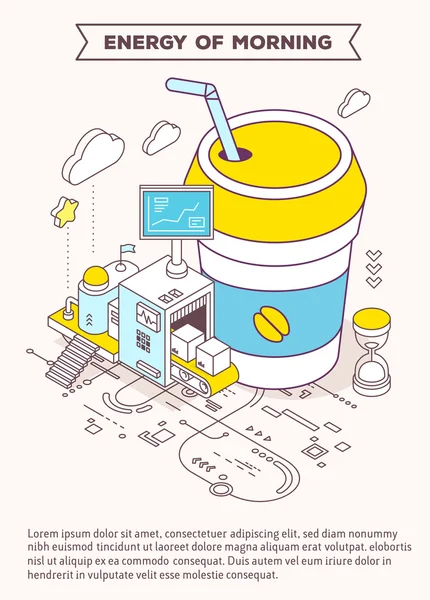 Vector template with illustration of cup coffee takeaway, hourgl — ストックベクタ