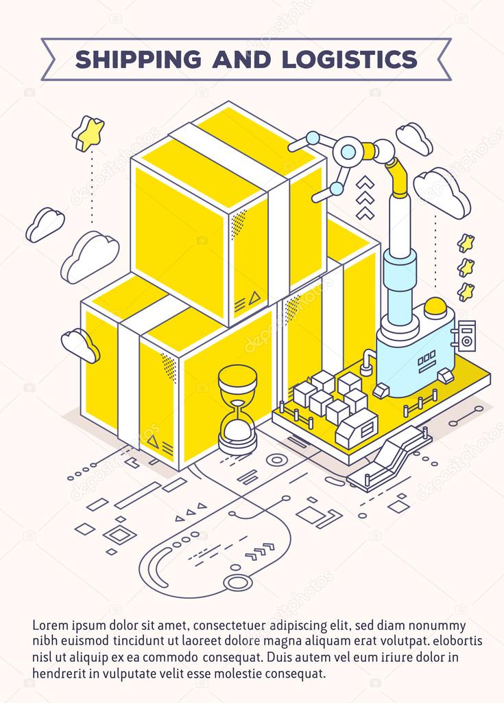 Vector template with illustration of yellow boxes, hourglass  an
