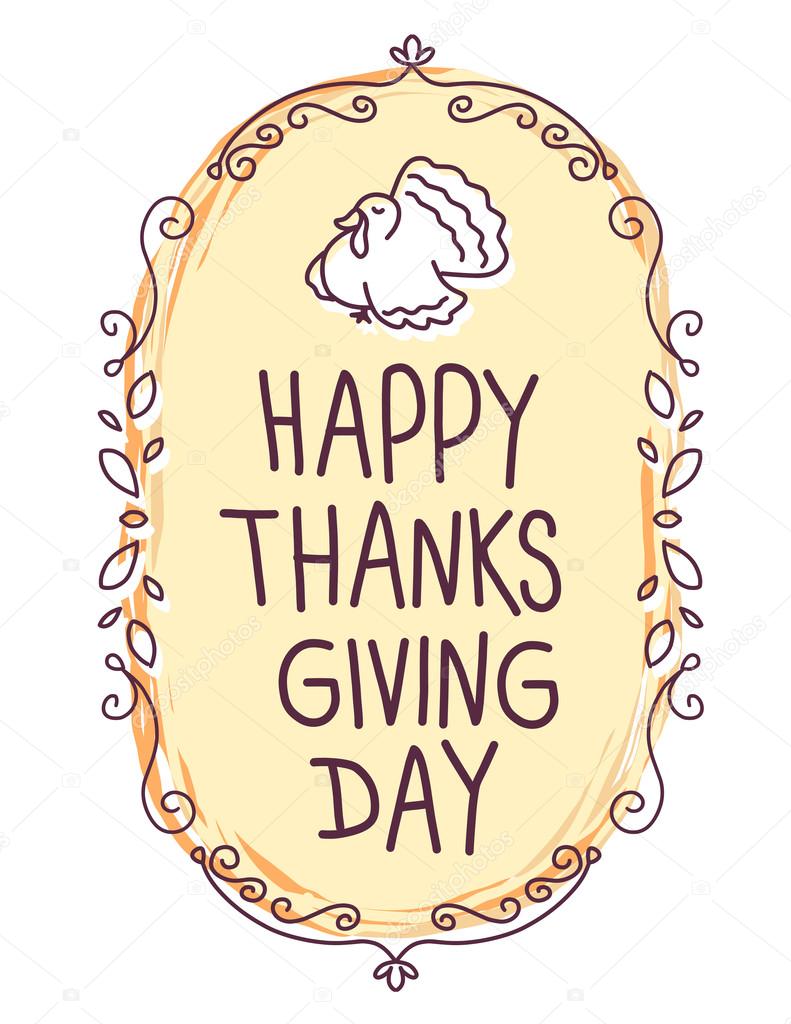 Vector thanksgiving illustration with turkey bird and text happy thanksgiving day on white background with orange frame. Flat line art style celebration design for greeting card, poster, web, site, banner, print