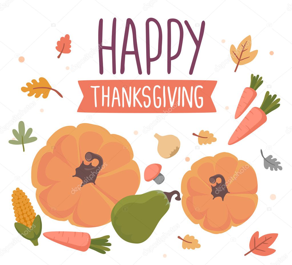 Vector thanksgiving illustration with vegetables and text happy 