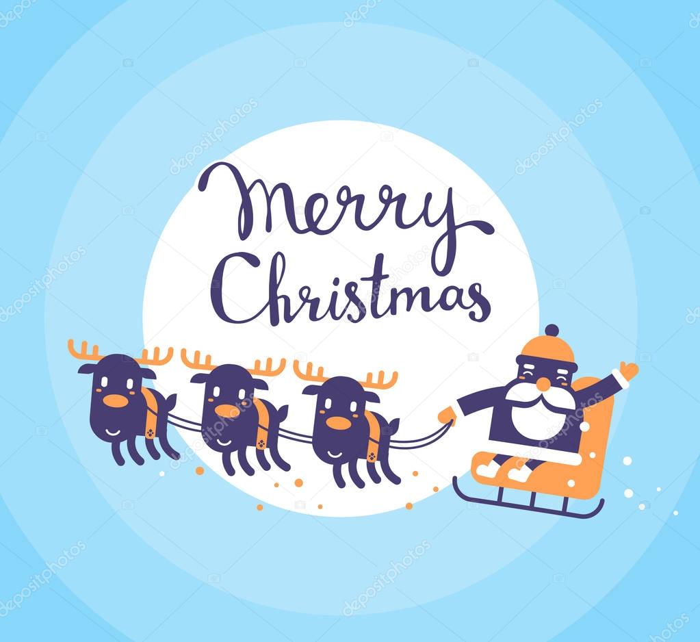 Vector christmas illustration of flying santa claus on sleigh an