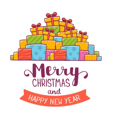 Noel hediyeleri ve el renkli yığını vektör çizim
