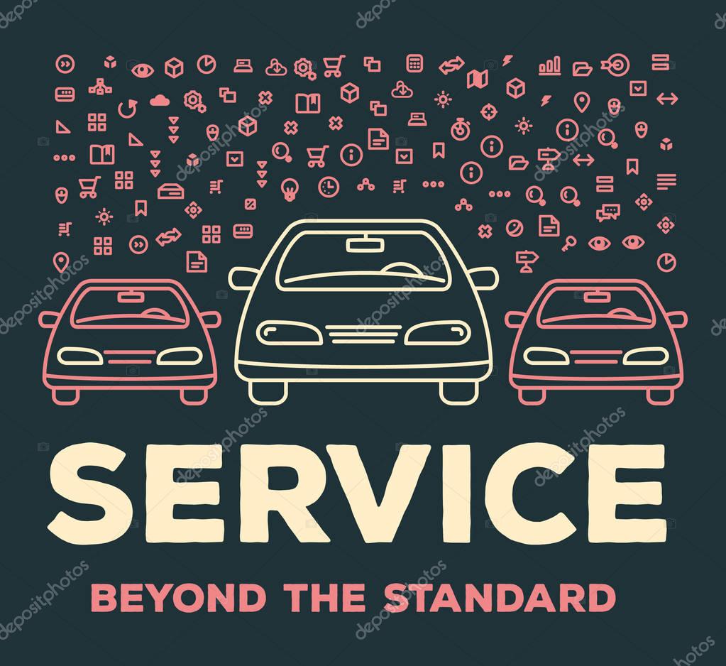 Vector creative illustration of three cars with set of line icons and word typography on dark background. Car service and maintenance concept. Thin line art style design for car repair, wash, parking