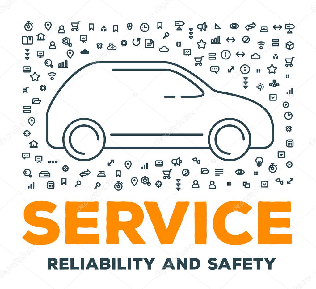 Vector creative illustration of big car with set of line icons and word typography on white background. Car service and maintenance concept. Thin line art style design for car repair, wash, parking