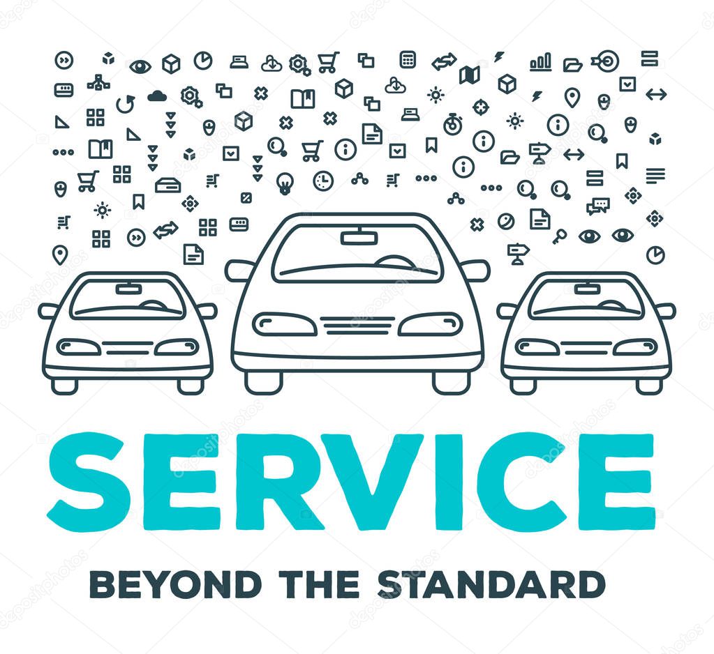 Vector creative illustration of three cars with set of line icons and word typography on white background. Car service and maintenance concept. Thin line art style design for car repair, wash, parking