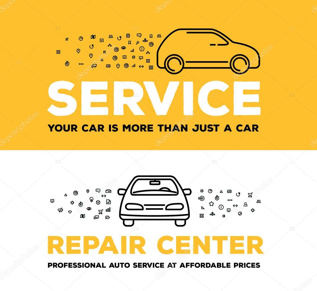 Vector creative illustration of car with set of line icons and word typography on white and yellow background. Car service and maintenance concept. Thin line art style design for car repair, wash, parking