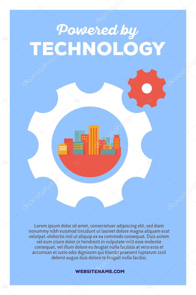 Vector creative colorful illustration of rotating gears with city and header powered by technology, text on blue background. Technology poster template. Flat style design for city technology theme