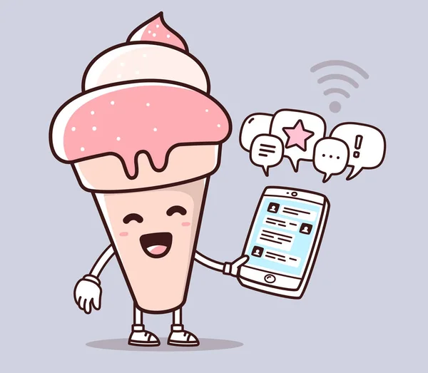 Vektor ilustrasi warna merah muda es krim tersenyum memegang telepon - Stok Vektor