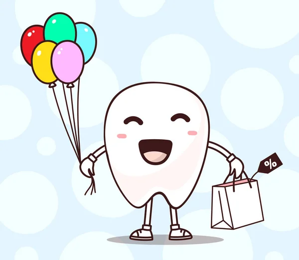 Ilustração vetorial de sorriso dente branco com pacote de compras , —  Vetores de Stock