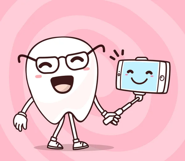 Ilustración vectorial de sonrisa diente blanco con teléfono haciendo selfi — Archivo Imágenes Vectoriales