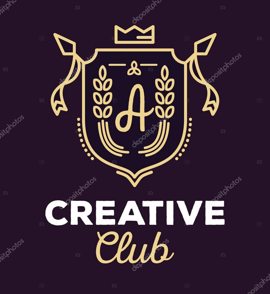Vector linear heraldry coat of arms. Vintage royal heraldic shield with crown, ears of wheat and initial monogram on dark background with title. Thin line art design for logo, badge, web, site, banner