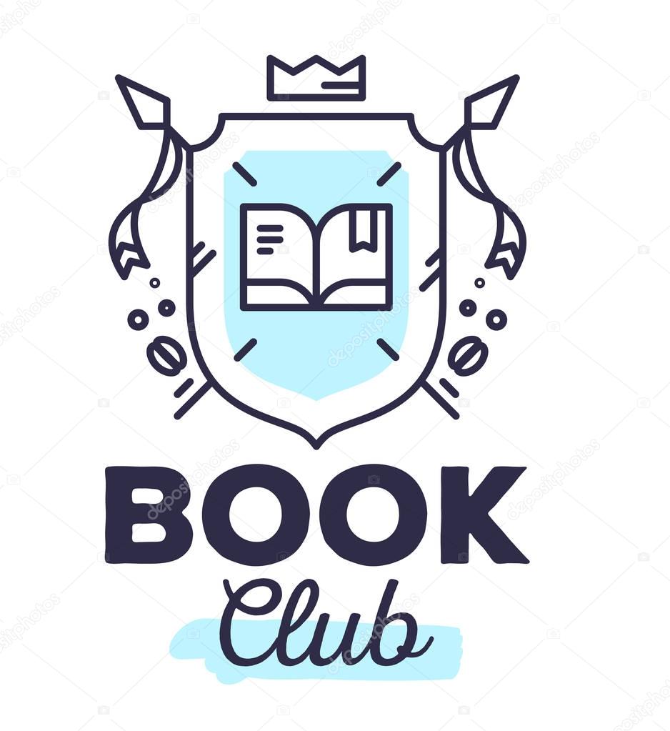 Vector linear blue heraldry coat of arms with flags. Vintage royal heraldic shield with crown and book on white background with title book club. Thin line art modern design for logo, badge, web, site, banner