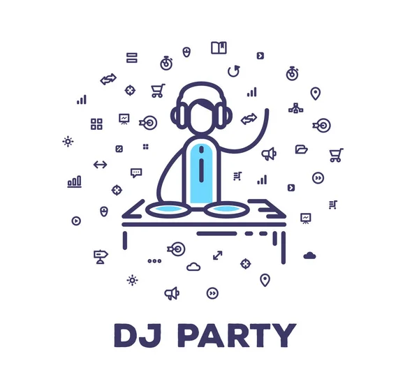 Vector illustration of a man in headphones at dj station on whit — Stock Vector