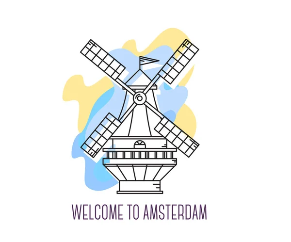 Ilustración vectorial de Windmill the Netherlands. Amsterdam landm — Archivo Imágenes Vectoriales