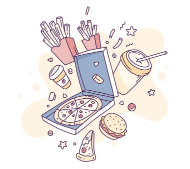 Vektör yaratıcı fastfood Illustration. Pizza, kızarmış patates, c