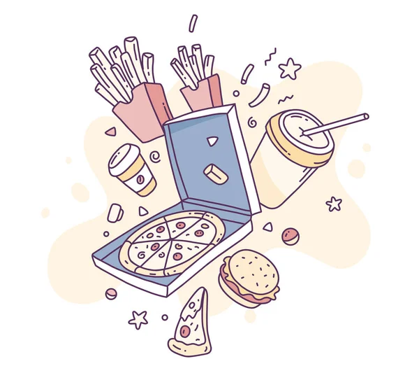 Vektor kreatif ilustrasi makanan cepat saji. Pizza, kentang goreng, c - Stok Vektor